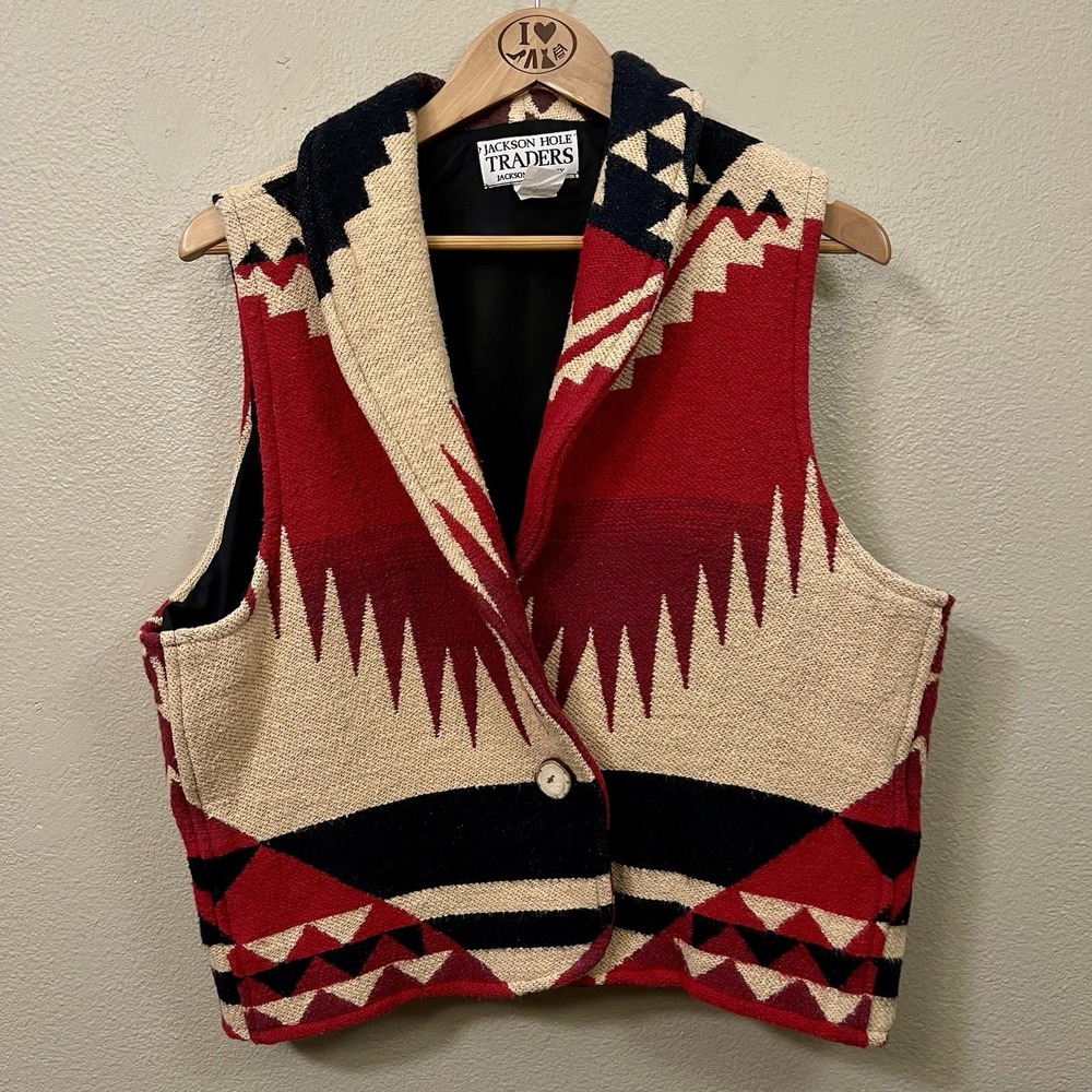 VTG Jackson Hole Traders Southwestern Vest Shawl Collar Cotton Aztec USA M/L